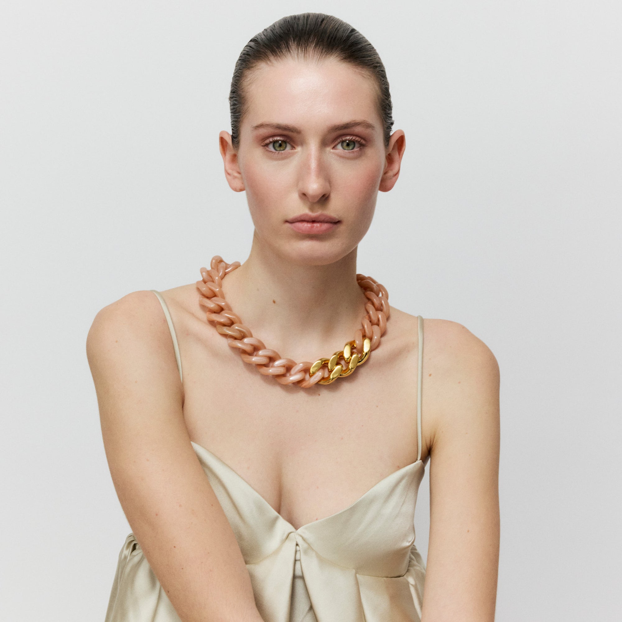 Flat Chain Necklace With Gold - Blush Marble